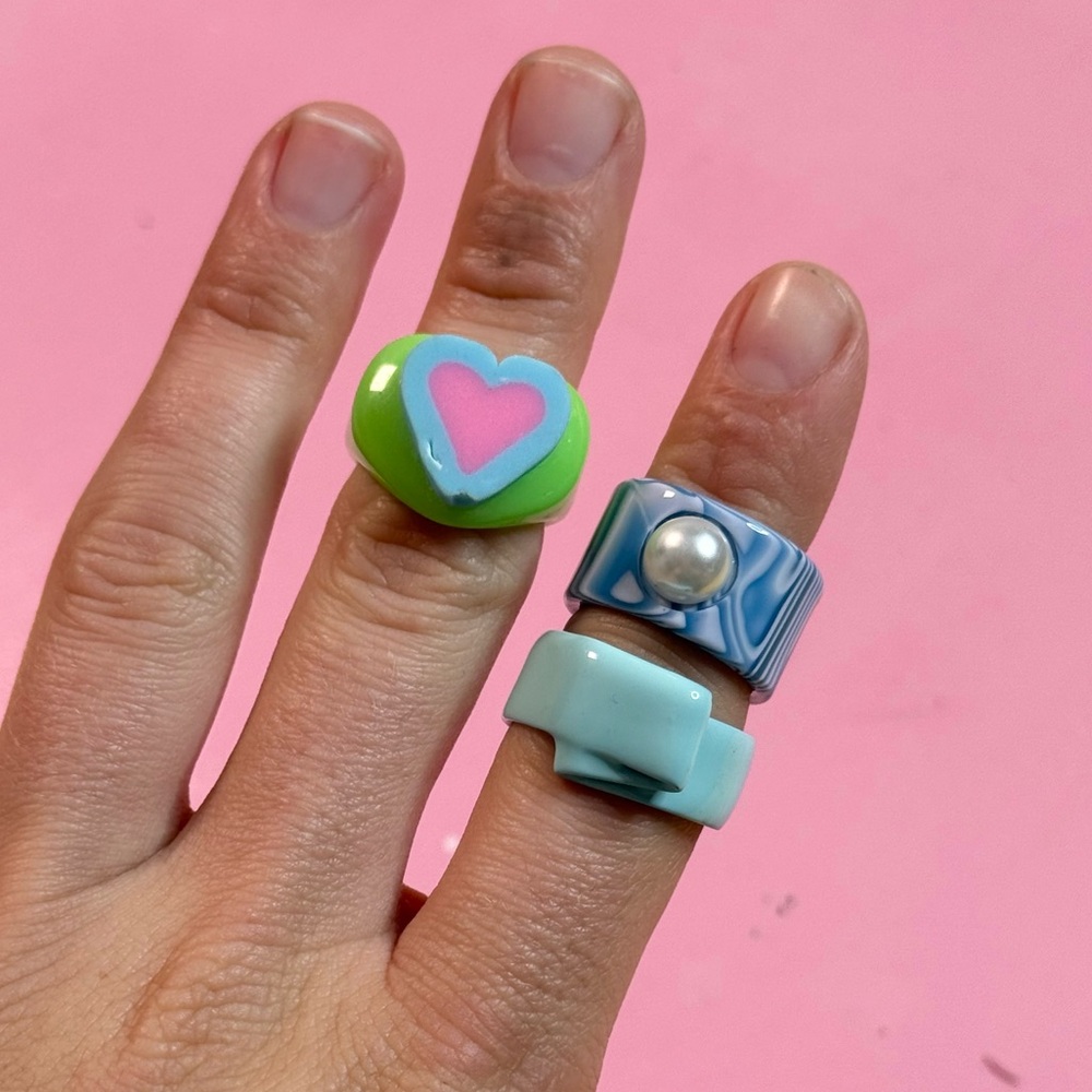 ✿ Y2K Ring Trio – Heart, Pearl, Baby Blue ✿